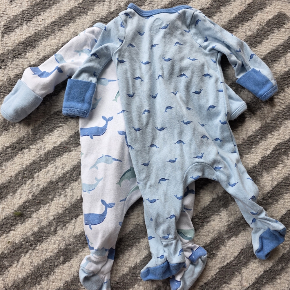 Cloud Island Blue and Green Whale Print Footed Onesie - Picture 2 of 4